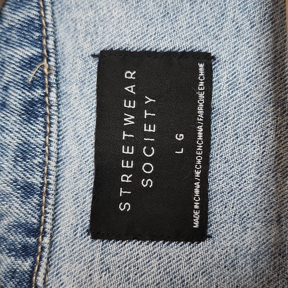 Y2K Light Wash Ripped Cropped Jean Jacket Streetwear Society L - Picture 3 of 6